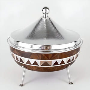 Designer Casserole with Lid Crowned Metal Stainless <b>Steel</b> Dishes & Geometric Wood Base Ideal for Sophisticated Cooking & Serving - Product Image 5