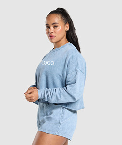 Jersey de cuello redondo sólido lavado de felpa francesa de algodón 100% para mujer Sudadera con logotipo personalizado 450GSM Cropped Boxy Drop Shoulder Hoodie - Product Image 3