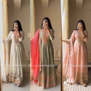 Couleur pêche claire la plus vendue en fausse georgette avec séquence de broderie à Diwali, mariages, festival et fêtes pour robe - Product Image 6