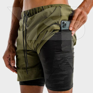 Men's Gym Workout Shorts Double <b>Layer</b> Shorts Casual High Street Style Drawstring Waist Closure Solid Pattern Plain Dyed Shorts - Product Image 1