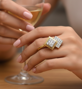 Anillo de Compromiso Moderno de Lujo para Mujer con Dos Racimos de Diamantes Cuadrados en Oro Amarillo - Product Image 6