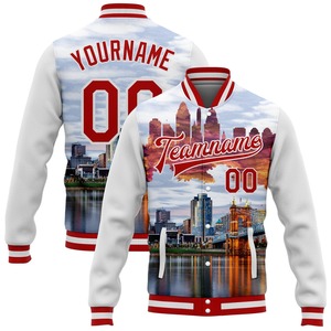 Chaqueta Universitaria de Invierno Informal, Personalizada, Blanca y Roja, Edición Ciudad de Cincinnati, Ohio, con Parches Acolchados y Letras Bordadas en la Parte Delantera - Product Image 1