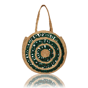 Sac à main bohème rond en jute avec motif ajouré vert, deux poignées, sac de plage d'été fait main pour femmes - Product Image 1