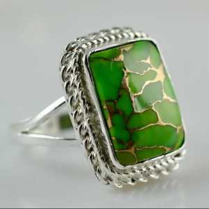Boho December Birthstone Ring 925 Sterling Silver Handmade with Green Copper Turquoise <b>Statement</b> <b>Cushion</b>-Perfect Gift for Her - Product Image 3
