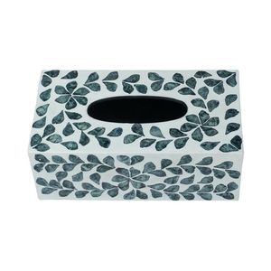 Designer Floral Wood Inlay Eco-friendly Tissue <b>Paper</b> Box with Detailed Leaf Motif in Blue and White for Modern Decor - Product Image 1