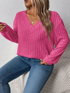 เสื้อสเวตเตอร์แบบสวมหัวคอวีสำหรับผู้หญิงเสื้อกันหนาวถักวาฟเฟิลวาฟเฟิลสีทึบกำหนดเอง - Product Image 5