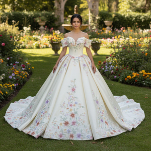8561 Elegante Vestido de Quinceañera Color Marfil con Escote Corazón, Corsé, Apliques de Pedrería, Cintura Natural, Cola Capilla y Estampado de Vestido de Gala - Product Image 1