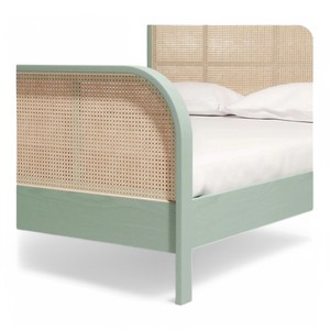 Luxurious Bohemian Green Painted Solid Mahogany Wood <b>Bed</b> Frame with Rattan Headboard Natural Cane-Elegant Wooden <b>Beds</b> for Hotels - Product Image 4