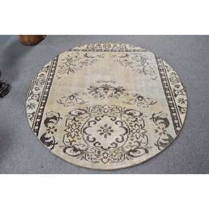 <b>Vintage</b> Turkish <b>Rug</b> 4.9x4.9ft Beige Brown Flat Weave Wool Patchwork Pattern for Living Room Decor or Hallway Latex Backing - Product Image 1