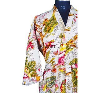 Kimono de Algodón Kantha Hecho a Mano, Elegante Diseño Floral, Estampado a Mano, Lavable, con Cinturón, Cómodo y Elegante para Primavera/Verano - Product Image 5