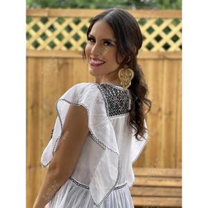Womens White Embroidered Cotton Maxi <b>Dress</b> Mexican Ethnic Boho <b>Flutter</b> <b>Sleeve</b> Summer <b>Dress</b> For Wholesale - Product Image 4