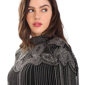 Robe de soirée élégante burlesque droite, mèches perlées, cape à paillettes, perles, broderie, tenue pour club festif - Product Image 2