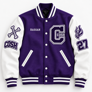 Veste de baseball personnalisée en laine violette et cuir blanc avec broderie de lettres - Product Image 4