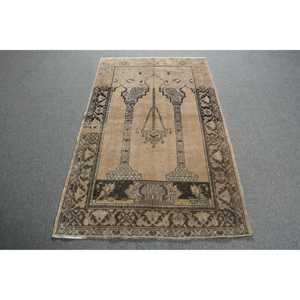 Vintage Turkish Accent Rug 3.4x5.6 ft, <b>Brown</b> Plants & trees Rug <b>Wool</b> - Product Image 1