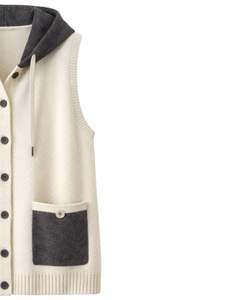 Manufacturer Ivory <b>Hooded</b> Knitted Sweater Vest Wool Acrylic Button Front Sleeveless Winter <b>Cardigan</b> With Contrast Pockets OEM - Product Image 4