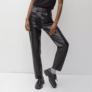 <b>Women's</b> High Waist PU Leather <b>Pants</b> Casual Denim Sweatpants with Zipper Brown Stacked Pleated Top quality Ronpex - Product Image 5