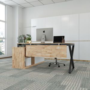 Escritorio Ejecutivo de Diseño Contemporáneo SFMXC004 en Madera y Caucho con Patas de Hierro en Forma de X y Gabinetes de Pared - Product Image 4