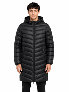 <b>Men's</b> Black Longline Hooded Puffer Jacket Premium Quilted <b>Winter</b> <b>Parka</b> Full Zip Insulated <b>Coat</b> Lightweight Thermal Outerwear - Product Image 1