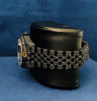 Montre analogique pour femme en verre sertie de diamants d'onyx de laboratoire taille brillant ronde, en acier inoxydable, clarté VVS