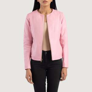 Manteau d'hiver rose sans col à double boutonnage en cuir de vachette et peau de mouton PU léger, personnalisable avec logo, pour un style tendance – Collection Automne - Product Image 1