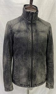 Veste en jean slim délavée pour homme, col montant, fermeture éclair, décontractée, pour l'automne, longueur standard, couleur unie - Product Image 1