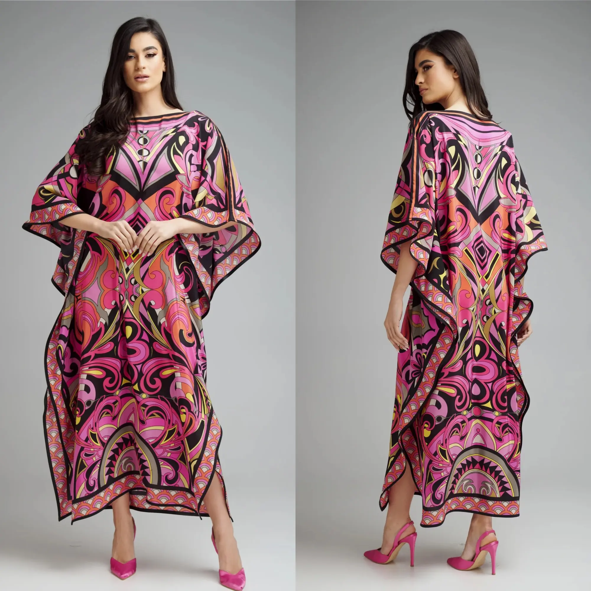 Elegante En Modieuze Veelkleurige Kaftan-Jurk Voor Dames Met Abstracte Patronen-Gedurfd En Mooi