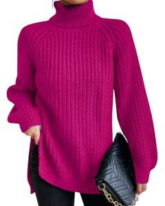 Customized Magenta Turtleneck Knit <b>Sweater</b> For <b>Women</b> Winter Warm Soft Ribbed Pullover Long Sleeve Casual Loose Fit Top - Product Image 1