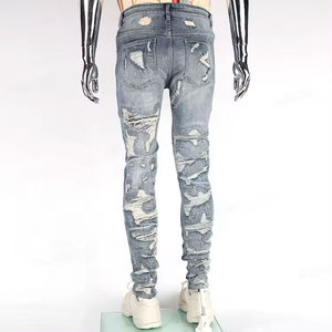 กางเกงยีนส์ผ้ายืดสำหรับผู้ชาย, สินค้ามาใหม่กางเกงลำลองผ้ายีนส์สีน้ำเงินมีรอยขาดกันน้ำ - Product Image 2