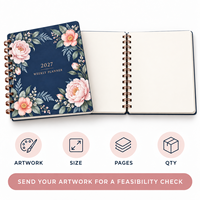 Carnet de notes hebdomadaire LABON A5 personnalisé à spirale, motif floral, bleu marine et or rose, pages vierges, OEM, pour papeterie de marque
