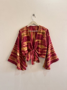 Bell Sleeve Crepe Silk Women Crop Top <b>Tie</b> Dye <b>Wrap</b> Top Vintage Women Blouse - Product Image 2