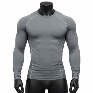 Camiseta de Compresión de Manga Larga Gris para Hombre, para Gimnasio, Entrenamiento Físico, de Alta Calidad, 100% Poliéster, Color Sólido - Product Image 1