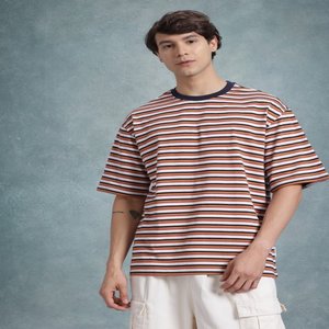 T-shirt marron et rouge pour homme rayé col rond manches courtes, épaules tombantes tricoté 60% coton, tissu 40% polyester - Product Image 1