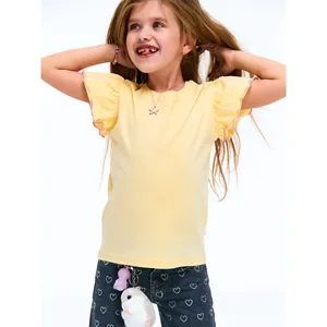 Camiseta Amarilla de Algodón para Niñas, con Volantes, Estampada, Estilo Crop Top, Informal, para Bebés y Niñas Pequeñas, Ropa de Verano Tejida, Diseño con Logotipo Simple - Product Image 3
