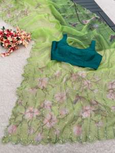 Increíble colección de Sari de seda de organza impresa digitalmente con secuencia y bordes cortados para estilo de bodas - Product Image 2