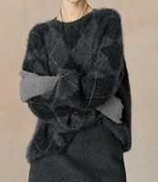 Pull ras du cou en mélange d'alpaga super doux, motif losanges intarsia, pour femme, en alpaga brossé, coupe oversize épaisse 5G