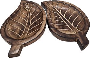 Juego de 2 bandejas decorativas de madera hechas a mano con diseño de hojas, plato de cocina, juego de Bandejas para servir, decoración de cocina para el hogar, ensaladas y postres - Product Image 4