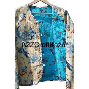 Floral Block Print Handmade Cotton Quilted Jacket For Women <b>Reversible</b> Indian Style Floral Block Printed Bohemian Outerwear - Product Image 5