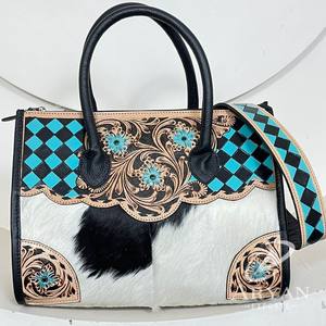 <b>Large</b> Capacity Hand Tooled Checkered Leather Tote <b>Bag</b> Western Style Luxury Designer Cowhide Crossbody Shoulder <b>Bag</b> for Women's - Product Image 1