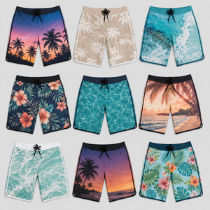 <b>Men</b> Beach Shorts Quick Dry Drawstring Mid Waist Printed Polyester Swim <b>Trunks</b> Short Length Floral Palm Wave Pattern - Product Image 1