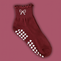 Pink Ruffle Bow Custom Embroidered Non Slip Grip Socks for Pilates Yoga Barre With White Heart Hrips