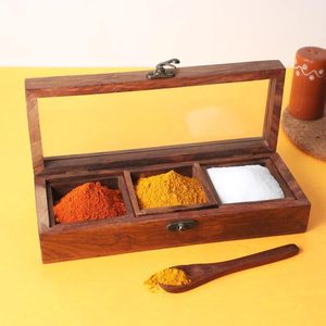 Caja de Especias Pequeña de Madera con Cuchara India Masala Dabba con 3 Compartimentos Namak Daani con Cuchara y Tapa Especias de Madera Sheesham - Product Image 2