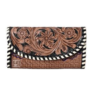 Portefeuille à trois volets en cuir de vachette vintage pour femme, avec décorations florales, doublure en coton, blocage RFID - Product Image 1