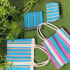 Bolsas de playa y cosméticos recicladas con telar manual de moda respetuosas con el medio ambiente personalizadas estuches de compras a rayas tejidos de plástico con cremallera reutilizables - Product Image 1