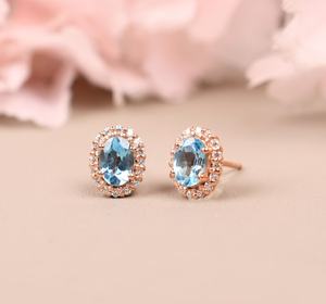 Oval Aquamarine Stud <b>Earrings</b> <b>Halo</b> Sterling Silver Elegant Gemstone Jewelry For Women - Product Image 4