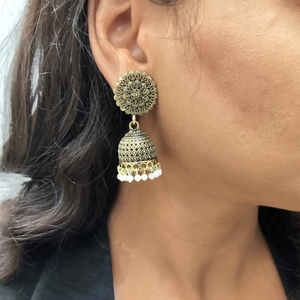 Pendientes indios para mujer, pendientes Jhumka oxidados antiguos tradicionales, joyería oxidada india, conjunto de pendientes colgantes de tuerca Floral - Product Image 1