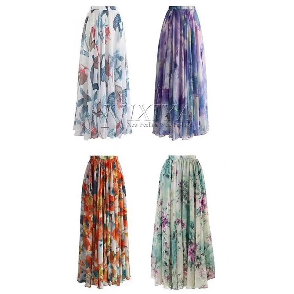 Elegant ladies Summer Skirt Hot Sale New fashion Skirt floral print Shrink long women skirts maxi