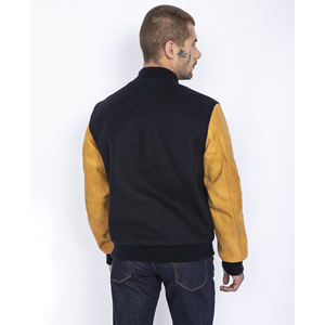 เสื้อแจ็กเก็ตเบสบอลของผู้ชายเสื้อแจ็กเก็ตสีดำผ้าขนสัตว์แขนหนังปักกำมะหยี่แบบสั่งทำสำหรับฤดูหนาว - Product Image 2