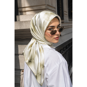 <b>Green</b> Olive Satin Scarf with Designer Floral Pattern Soft Long Square Style for Spring/Summer Parties Digital Printed - Product Image 1
