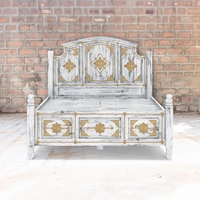 Lit double en bois de manguier massif sculpté, finition blanc vieilli, style rustique moderne, fait main, meubles de maison