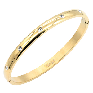 Gold Plated Stainless Steel <b>Bangle</b> <b>Bracelet</b> 6Mm Width Crystal Bezel Setting Minimalist Unisex Everyday Wear Jewelry - Product Image 3